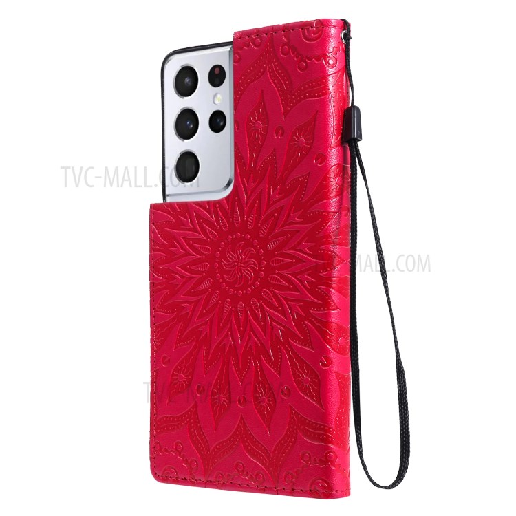Imprint Sunflower Leather Wallet Case for Samsung Galaxy S21 Ultra 5G - Red-4