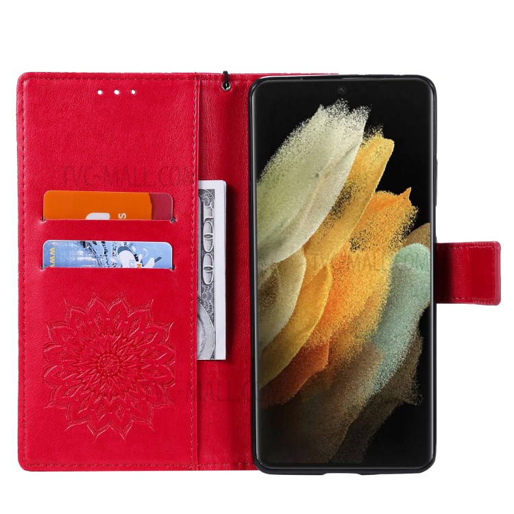 Imprint Sunflower Leather Wallet Case for Samsung Galaxy S21 Ultra 5G - Red-5