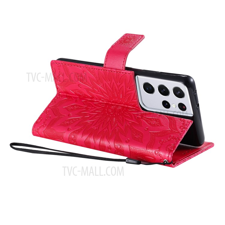 Imprint Sunflower Leather Wallet Case for Samsung Galaxy S21 Ultra 5G - Red-6