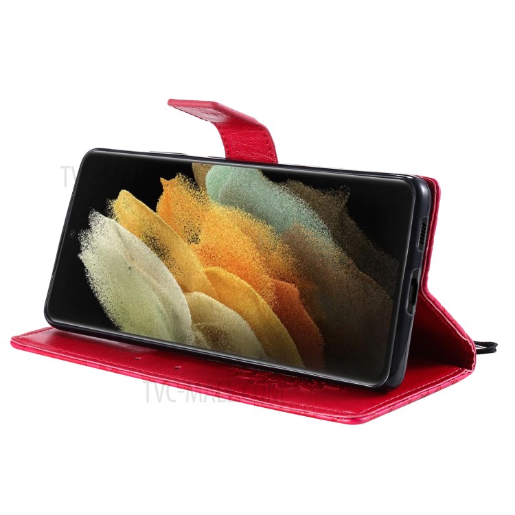 Imprint Sunflower Leather Wallet Case for Samsung Galaxy S21 Ultra 5G - Red-7