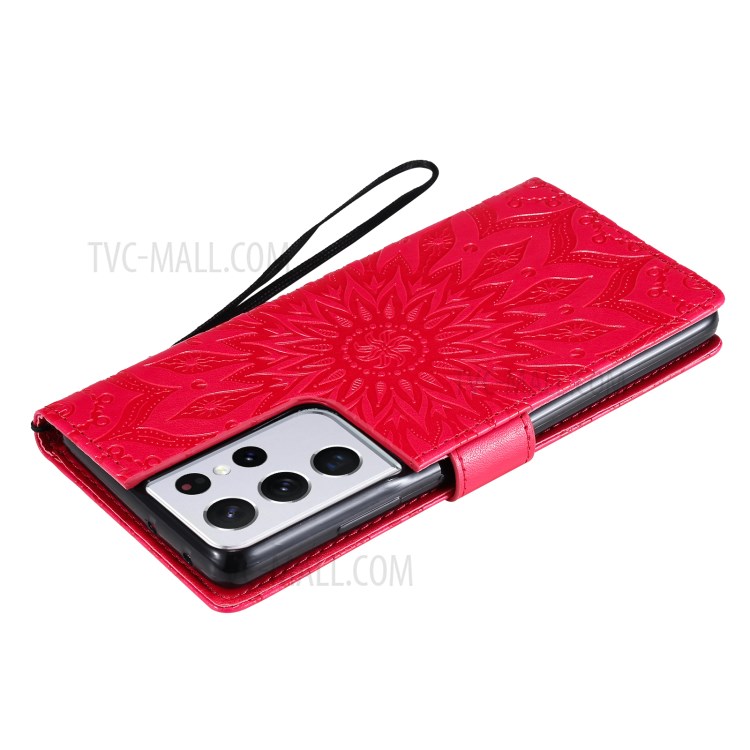 Imprint Sunflower Leather Wallet Case for Samsung Galaxy S21 Ultra 5G - Red-9