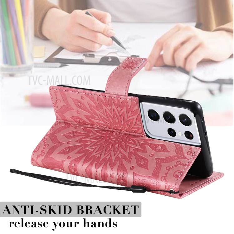 Imprint Sunflower Leather Wallet Case for Samsung Galaxy S21 Ultra 5G - Pink-11