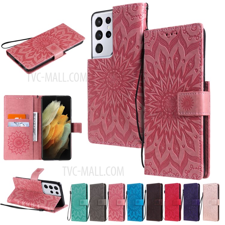 Imprint Sunflower Leather Wallet Case for Samsung Galaxy S21 Ultra 5G - Pink-13