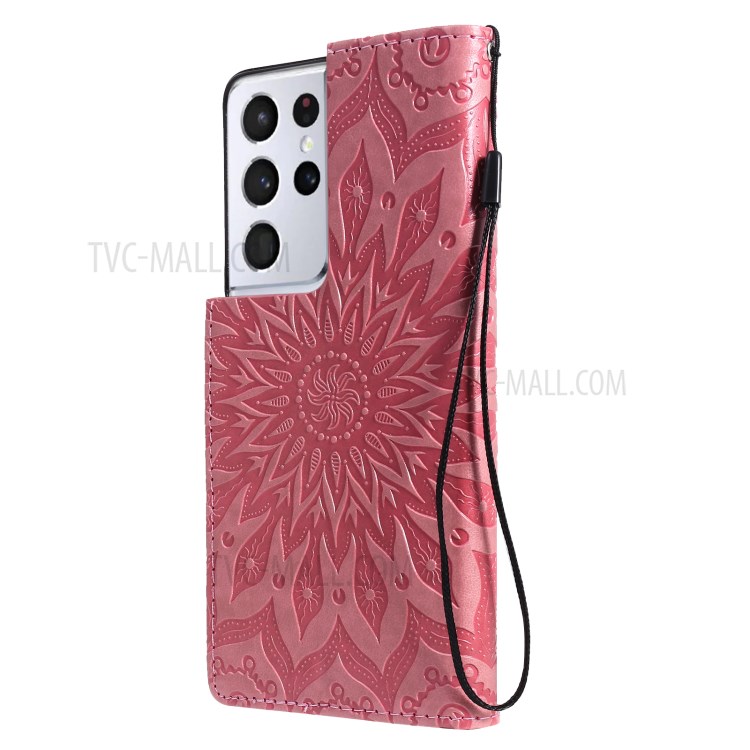 Imprint Sunflower Leather Wallet Case for Samsung Galaxy S21 Ultra 5G - Pink-4