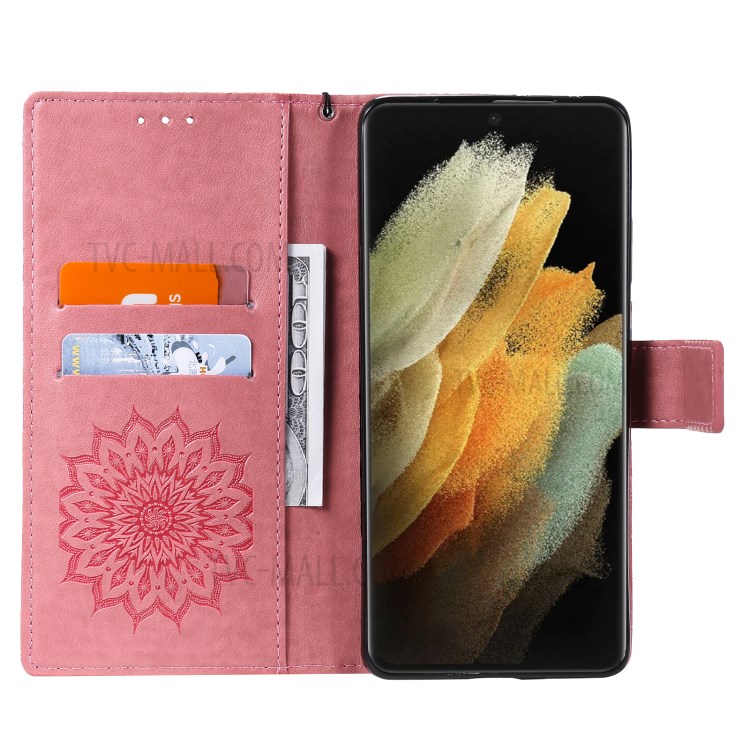 Imprint Sunflower Leather Wallet Case for Samsung Galaxy S21 Ultra 5G - Pink-5