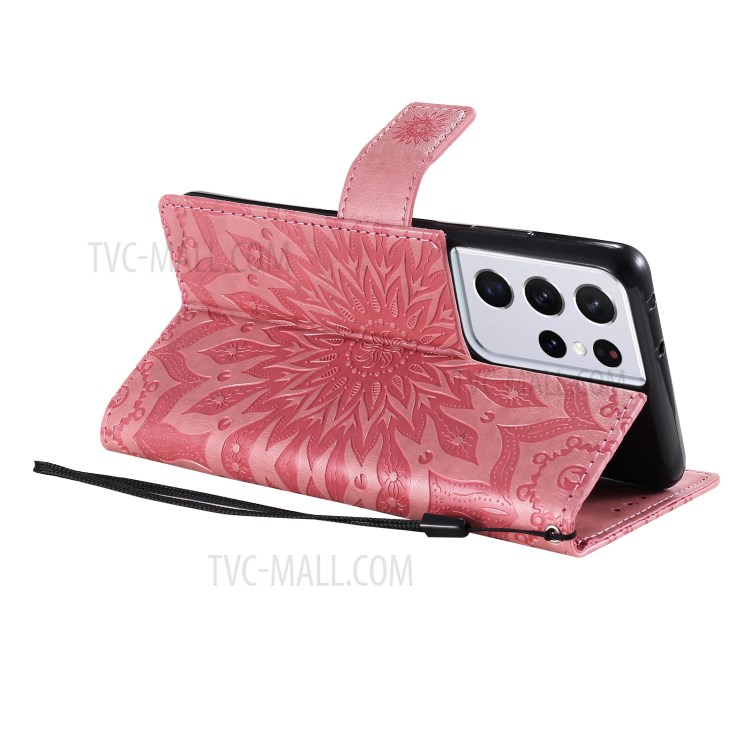 Imprint Sunflower Leather Wallet Case for Samsung Galaxy S21 Ultra 5G - Pink-6