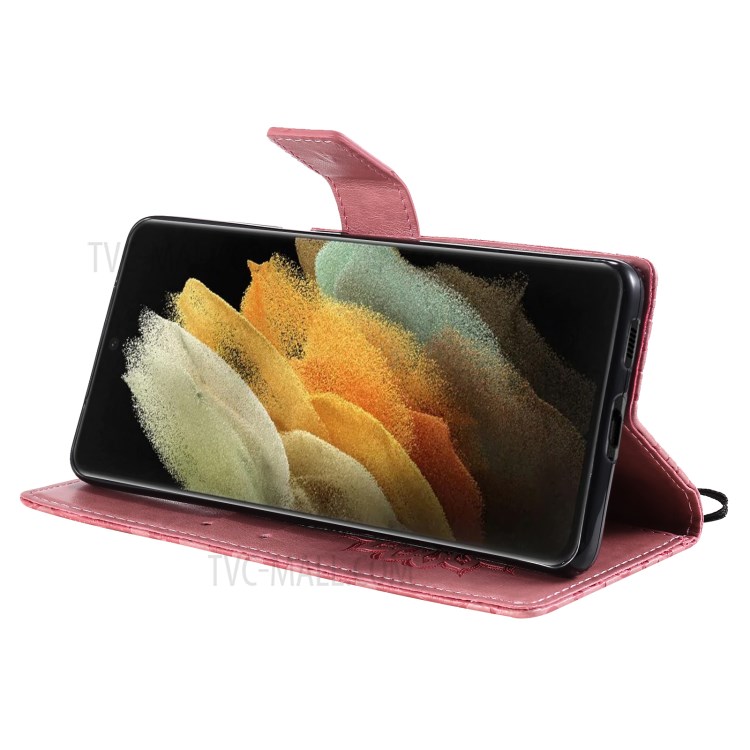 Imprint Sunflower Leather Wallet Case for Samsung Galaxy S21 Ultra 5G - Pink-7