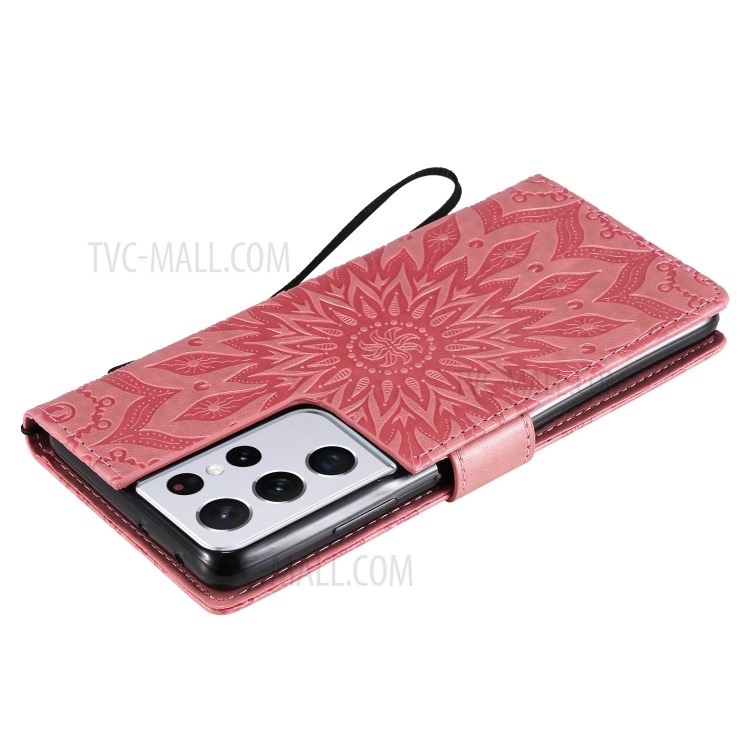 Imprint Sunflower Leather Wallet Case for Samsung Galaxy S21 Ultra 5G - Pink-9
