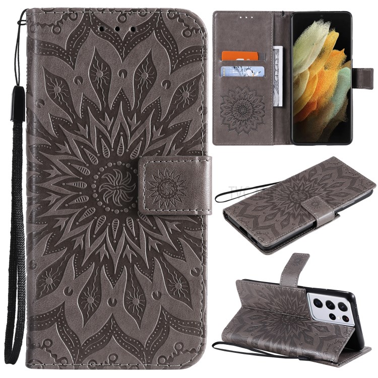 Imprint Sunflower Leather Wallet Case for Samsung Galaxy S21 Ultra 5G - Grey-1
