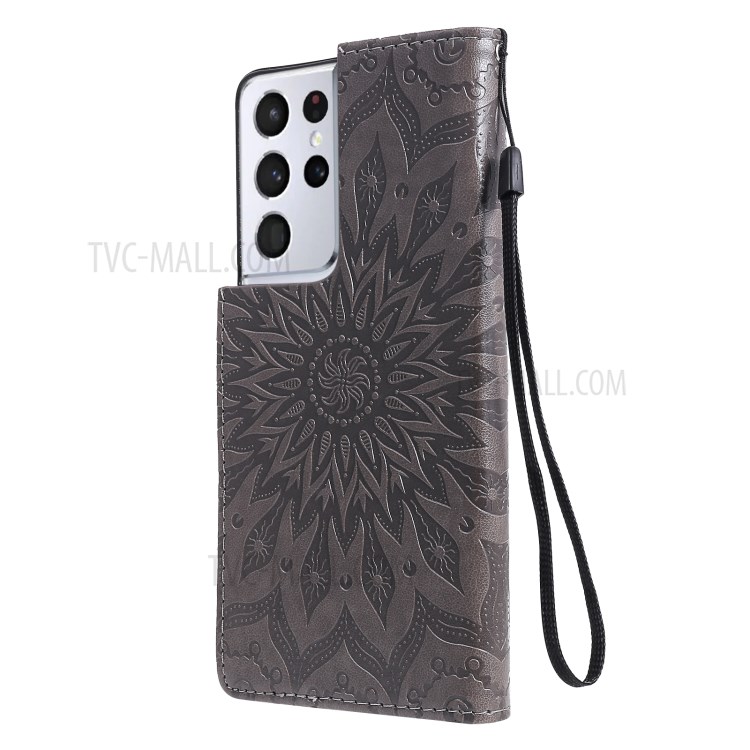 Imprint Sunflower Leather Wallet Case for Samsung Galaxy S21 Ultra 5G - Grey-4