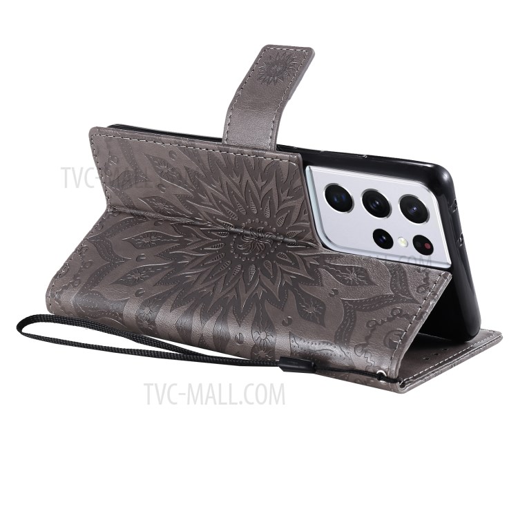 Imprint Sunflower Leather Wallet Case for Samsung Galaxy S21 Ultra 5G - Grey-6