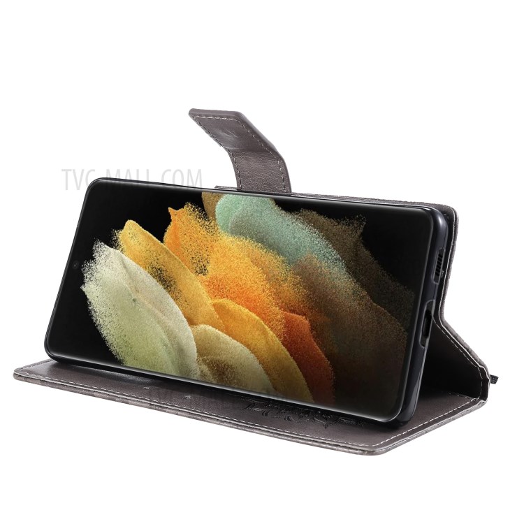 Imprint Sunflower Leather Wallet Case for Samsung Galaxy S21 Ultra 5G - Grey-7