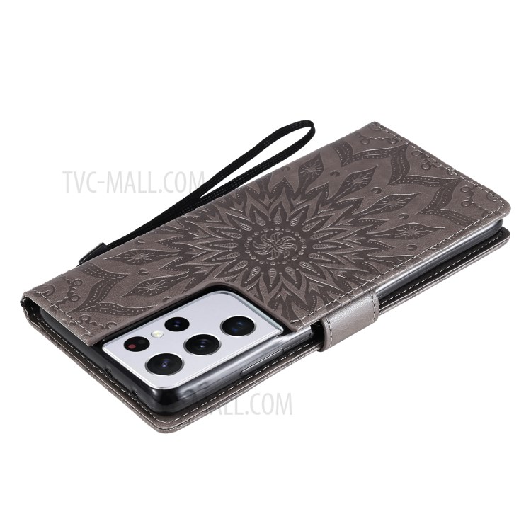 Imprint Sunflower Leather Wallet Case for Samsung Galaxy S21 Ultra 5G - Grey-9