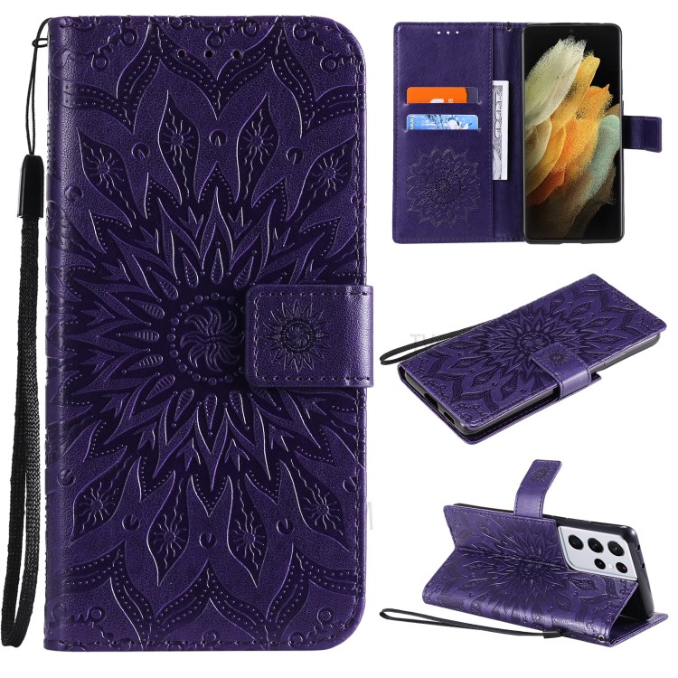 Imprint Sunflower Leather Wallet Case for Samsung Galaxy S21 Ultra 5G - Purple-1