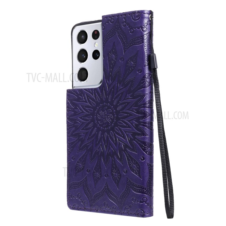 Imprint Sunflower Leather Wallet Case for Samsung Galaxy S21 Ultra 5G - Purple-4