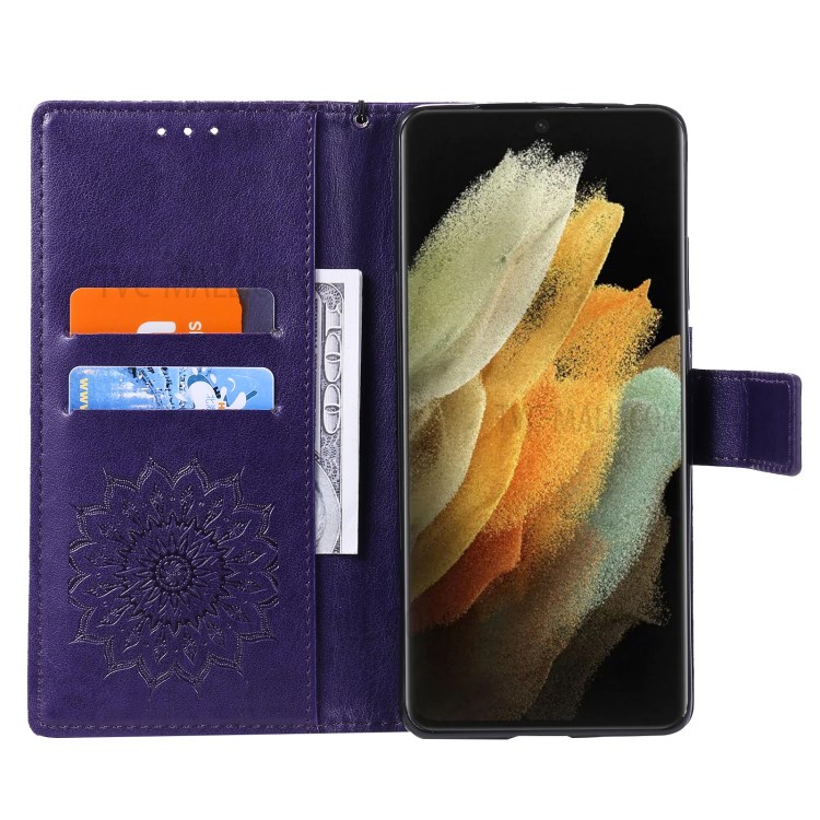 Imprint Sunflower Leather Wallet Case for Samsung Galaxy S21 Ultra 5G - Purple-5