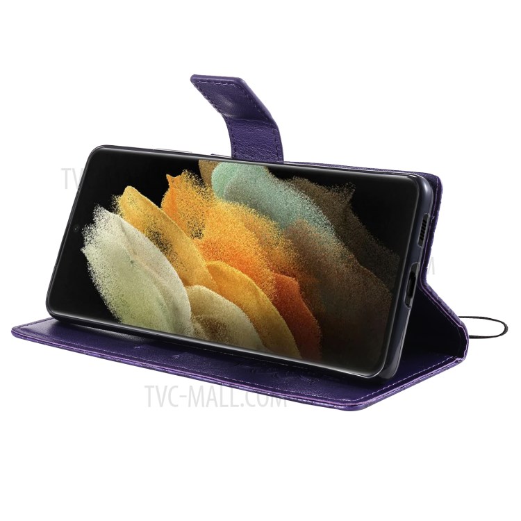 Imprint Sunflower Leather Wallet Case for Samsung Galaxy S21 Ultra 5G - Purple-6