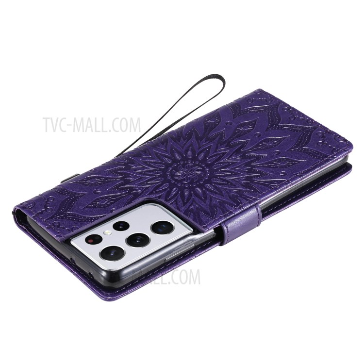 Imprint Sunflower Leather Wallet Case for Samsung Galaxy S21 Ultra 5G - Purple-8
