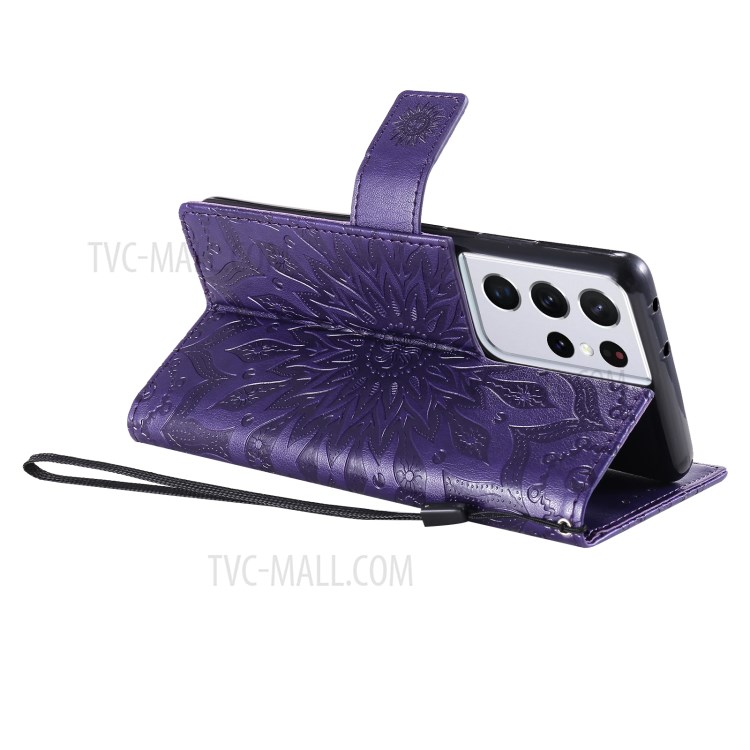 Imprint Sunflower Leather Wallet Case for Samsung Galaxy S21 Ultra 5G - Purple-9