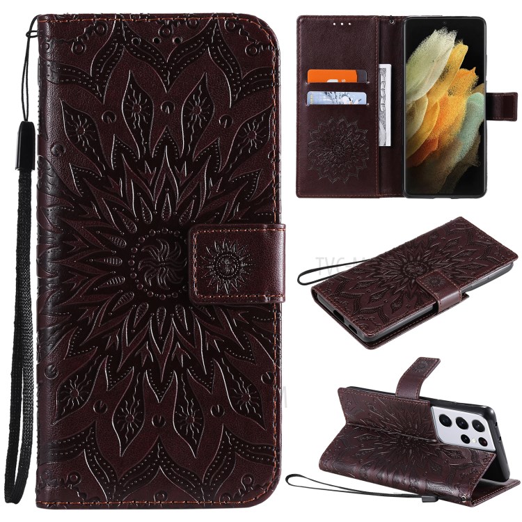 Imprint Sunflower Leather Wallet Case for Samsung Galaxy S21 Ultra 5G - Brown-1