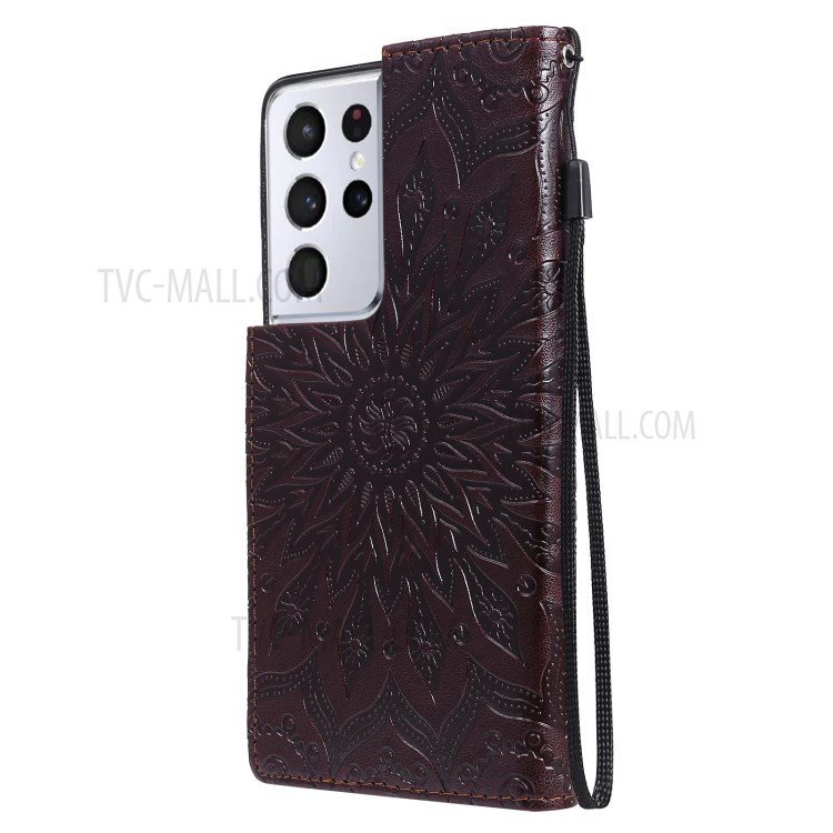 Imprint Sunflower Leather Wallet Case for Samsung Galaxy S21 Ultra 5G - Brown-4
