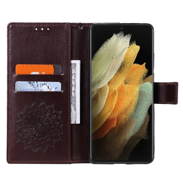 Imprint Sunflower Leather Wallet Case for Samsung Galaxy S21 Ultra 5G - Brown-5