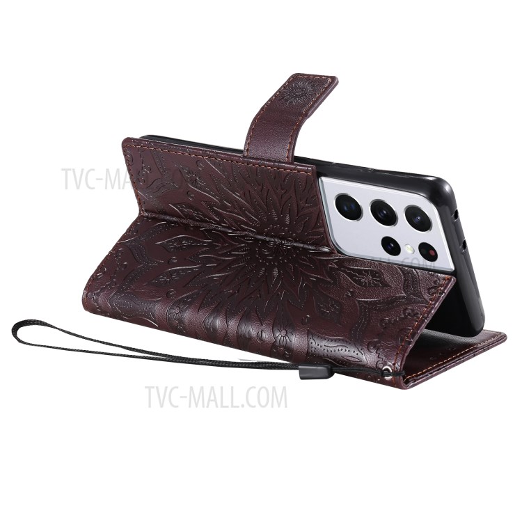 Imprint Sunflower Leather Wallet Case for Samsung Galaxy S21 Ultra 5G - Brown-6