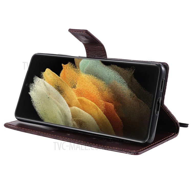 Imprint Sunflower Leather Wallet Case for Samsung Galaxy S21 Ultra 5G - Brown-7