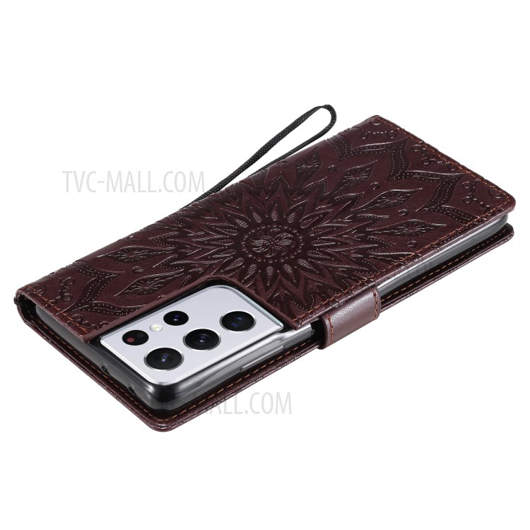 Imprint Sunflower Leather Wallet Case for Samsung Galaxy S21 Ultra 5G - Brown-9