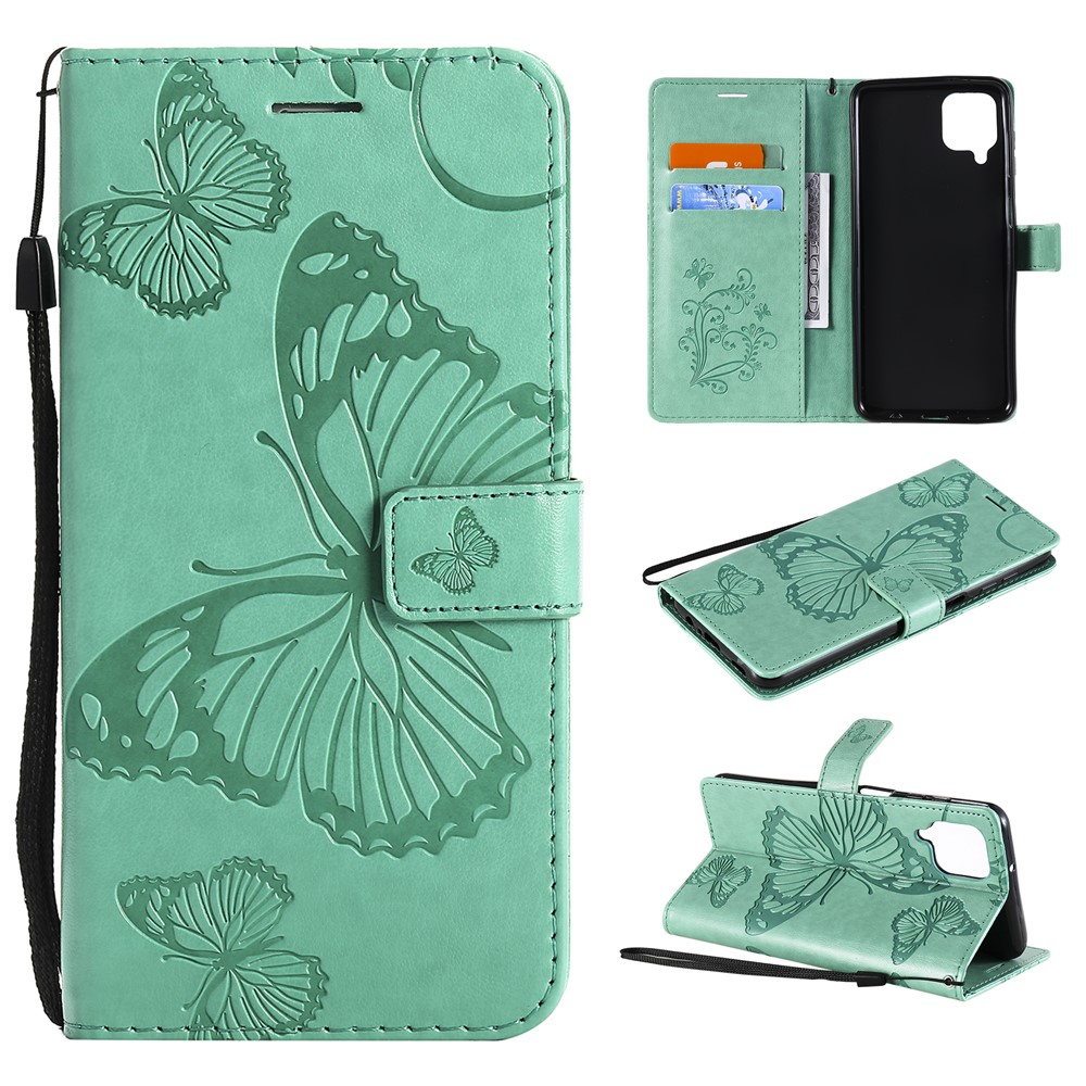 Imprinted Butterflies Flower Leather Wallet Stand Case for Samsung Galaxy A12 - Green-1