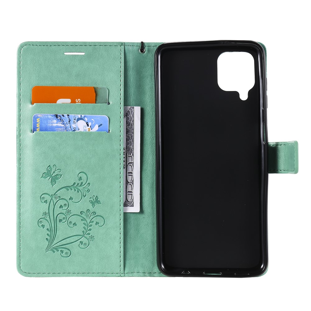 Imprinted Butterflies Flower Leather Wallet Stand Case for Samsung Galaxy A12 - Green-5