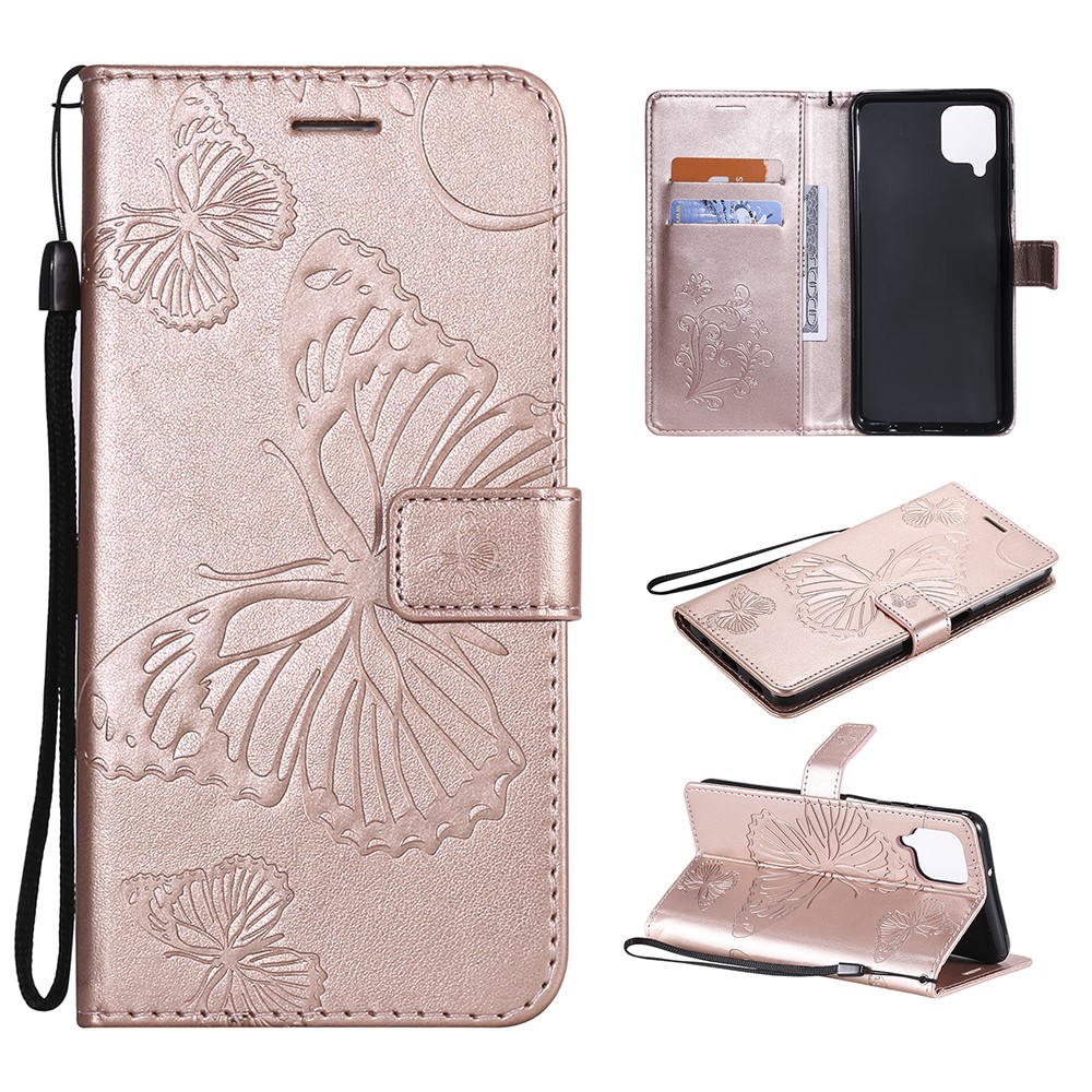 Imprinted Butterflies Flower Leather Wallet Stand Case for Samsung Galaxy A12 - Rose Gold-1