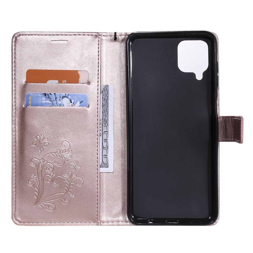 Imprinted Butterflies Flower Leather Wallet Stand Case for Samsung Galaxy A12 - Rose Gold-5