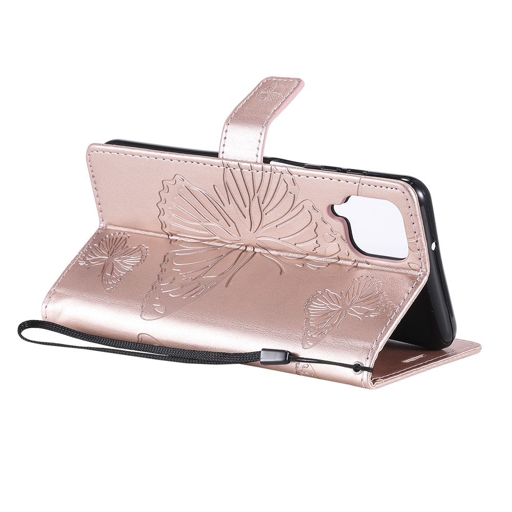 Imprinted Butterflies Flower Leather Wallet Stand Case for Samsung Galaxy A12 - Rose Gold-6
