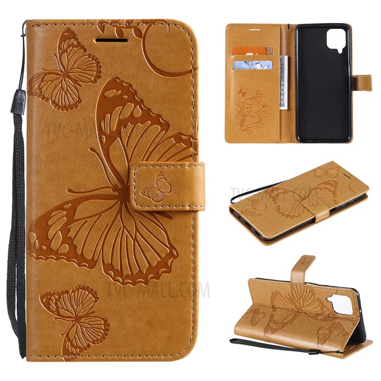 Imprinted Butterflies Flower Leather Wallet Stand Case for Samsung Galaxy A12 - Yellow-1