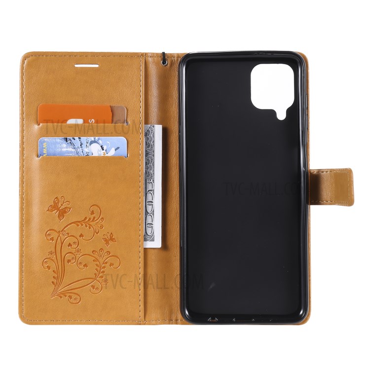 Imprinted Butterflies Flower Leather Wallet Stand Case for Samsung Galaxy A12 - Yellow-5