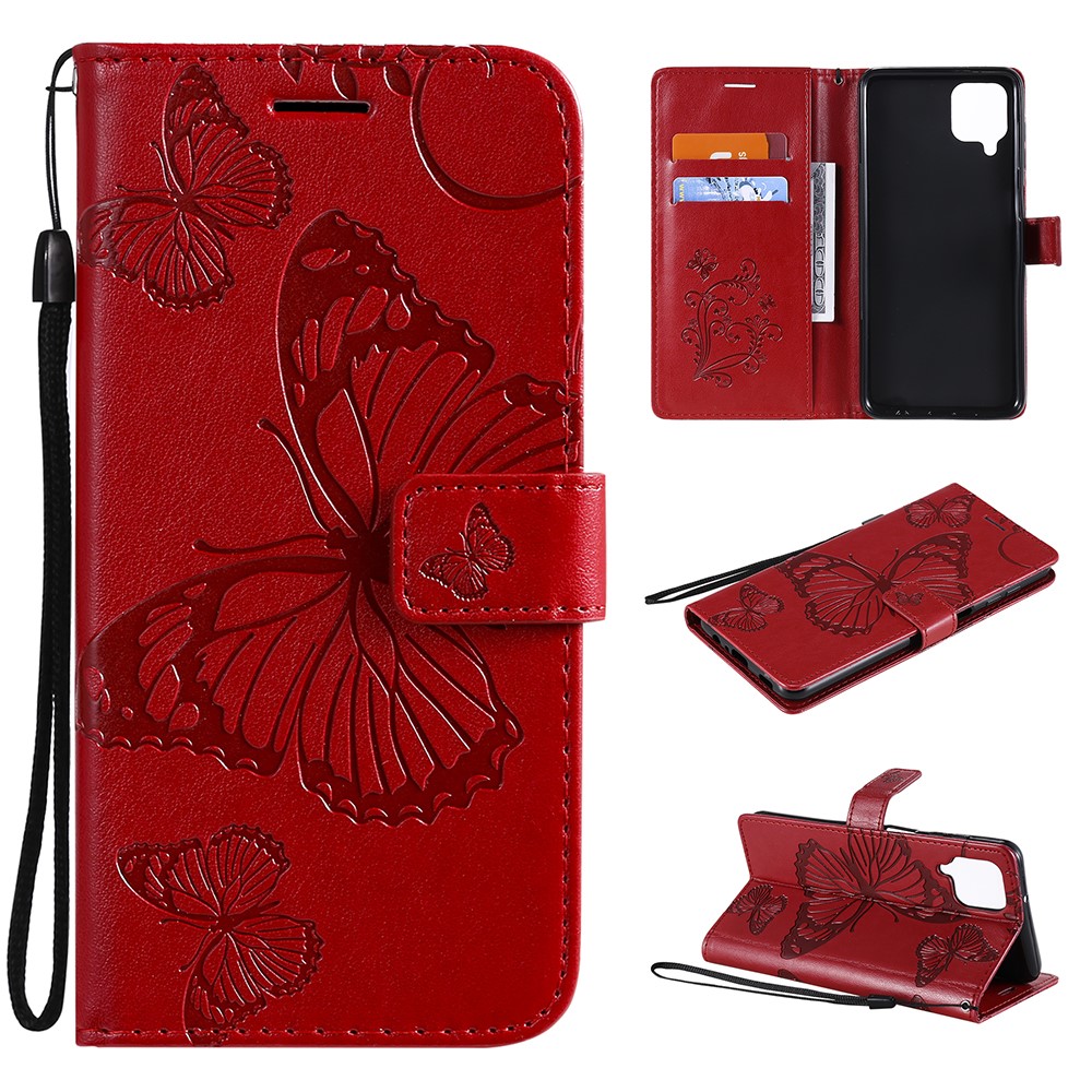 Imprinted Butterflies Flower Leather Wallet Stand Case for Samsung Galaxy A12 - Red-1