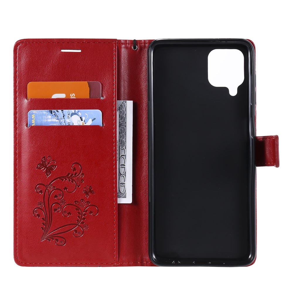 Imprinted Butterflies Flower Leather Wallet Stand Case for Samsung Galaxy A12 - Red-5