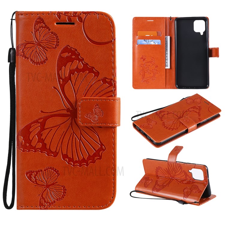 Imprinted Butterflies Flower Leather Wallet Stand Case for Samsung Galaxy A12 - Orange-1