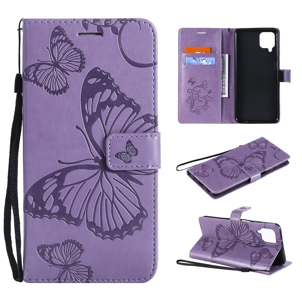 Imprinted Butterflies Flower Leather Wallet Stand Case for Samsung Galaxy A12 - Purple-1