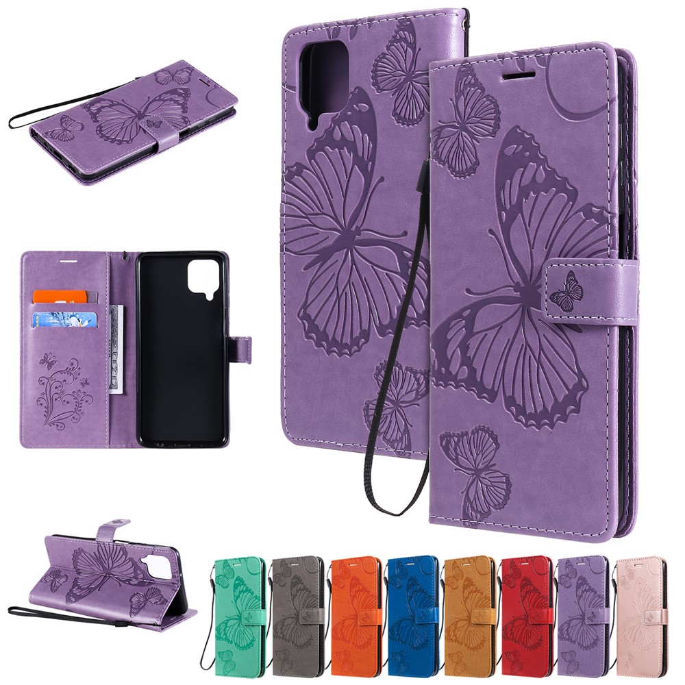 Imprinted Butterflies Flower Leather Wallet Stand Case for Samsung Galaxy A12 - Purple-12