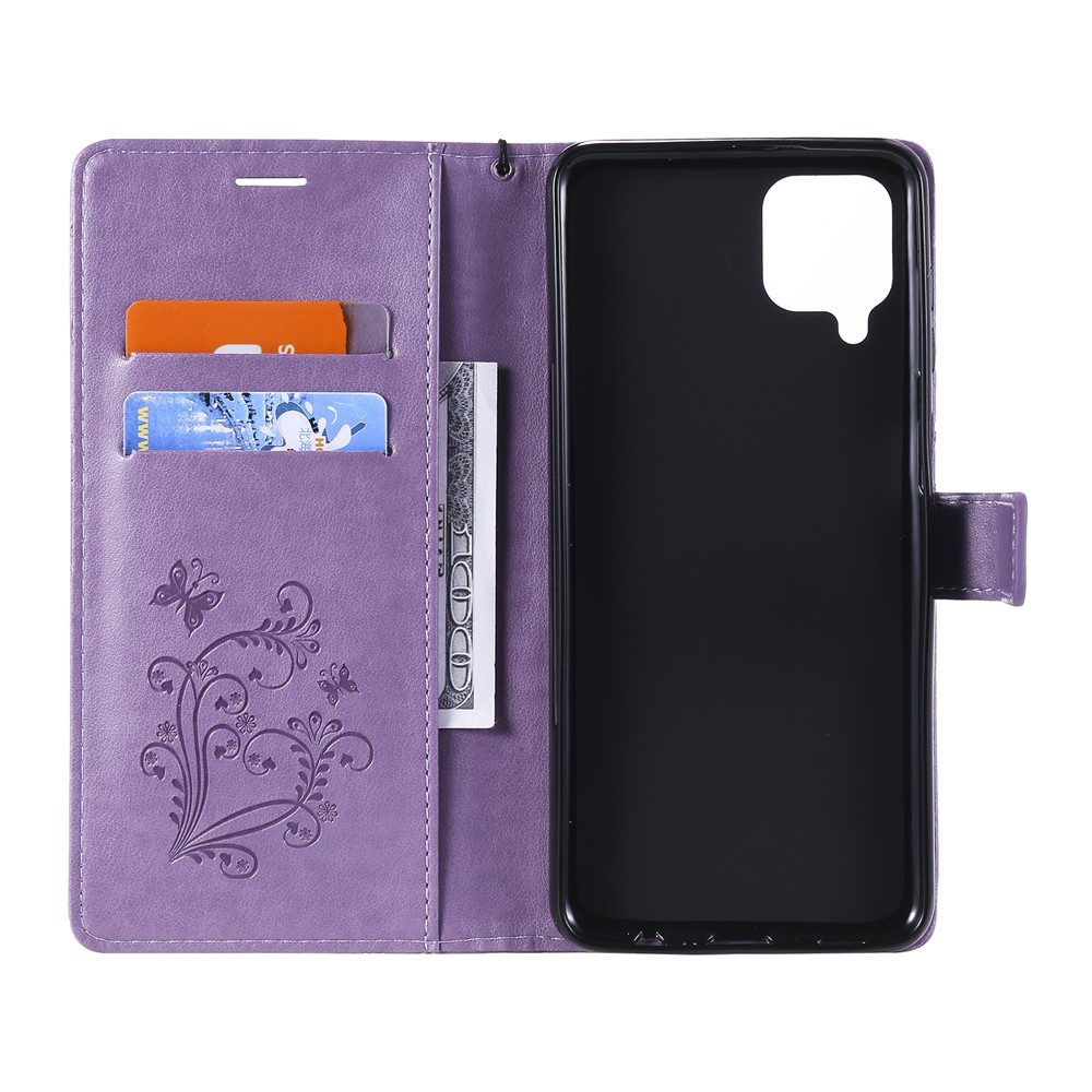 Imprinted Butterflies Flower Leather Wallet Stand Case for Samsung Galaxy A12 - Purple-5