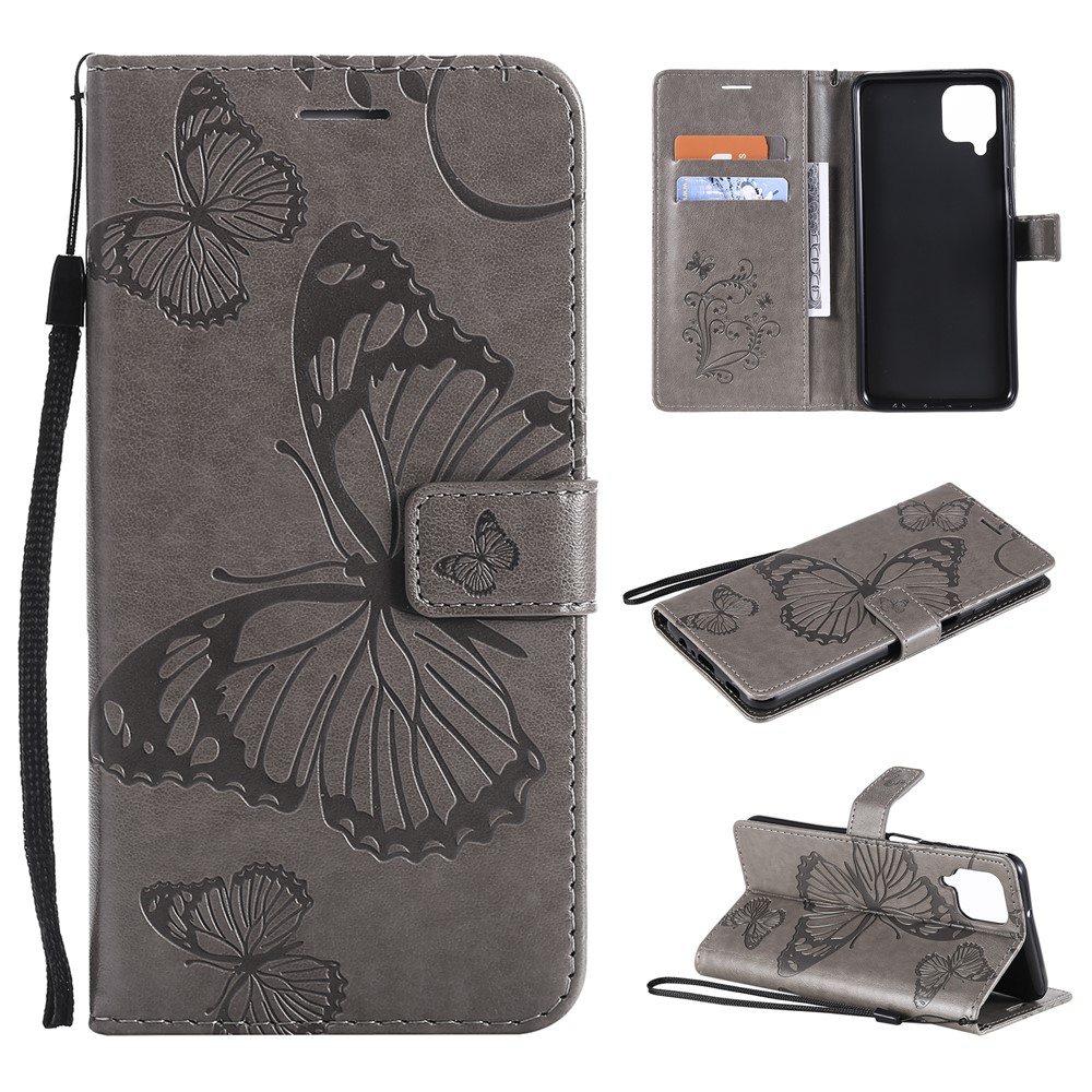 Imprinted Butterflies Flower Leather Wallet Stand Case for Samsung Galaxy A12 - Grey-1