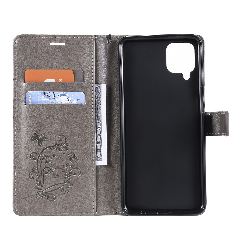 Imprinted Butterflies Flower Leather Wallet Stand Case for Samsung Galaxy A12 - Grey-5