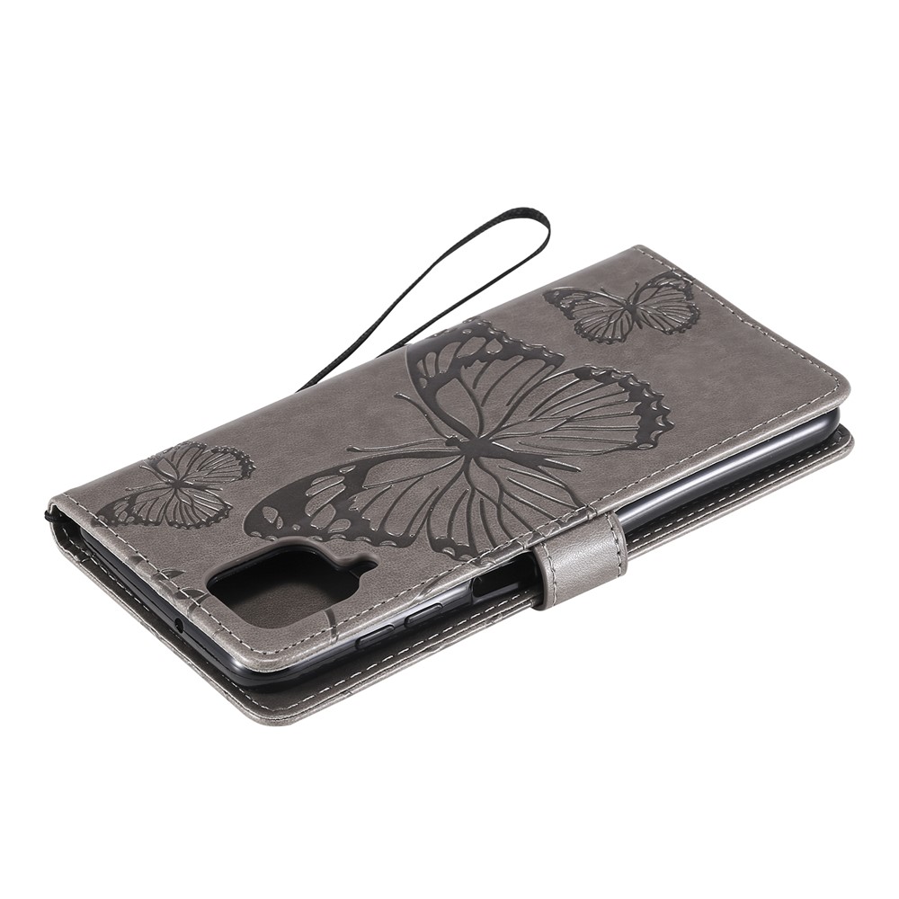 Imprinted Butterflies Flower Leather Wallet Stand Case for Samsung Galaxy A12 - Grey-9