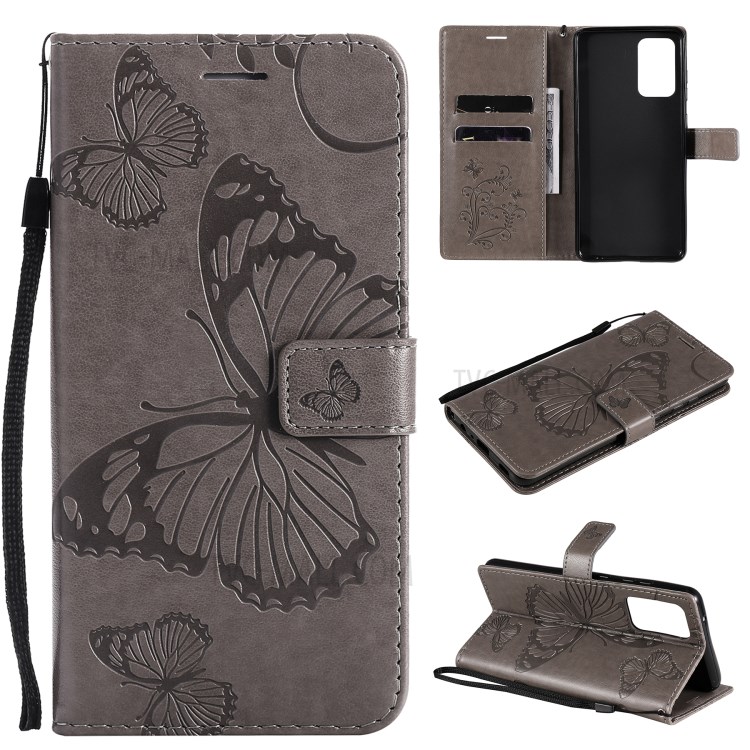 Imprinted Butterflies Flower Leather Wallet Stand Case for Samsung Galaxy A72 5G - Grey-1