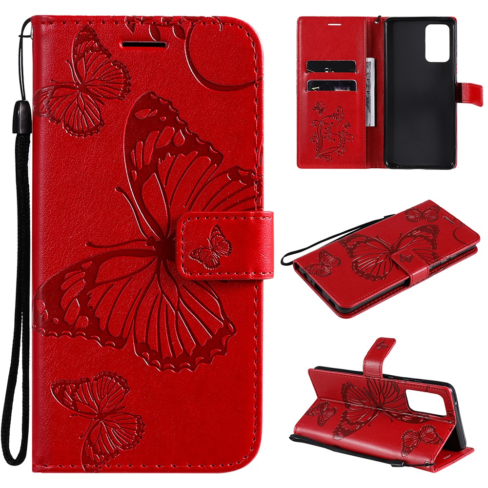 Imprinted Butterflies Flower Leather Wallet Stand Case for Samsung Galaxy A72 5G - Red-1
