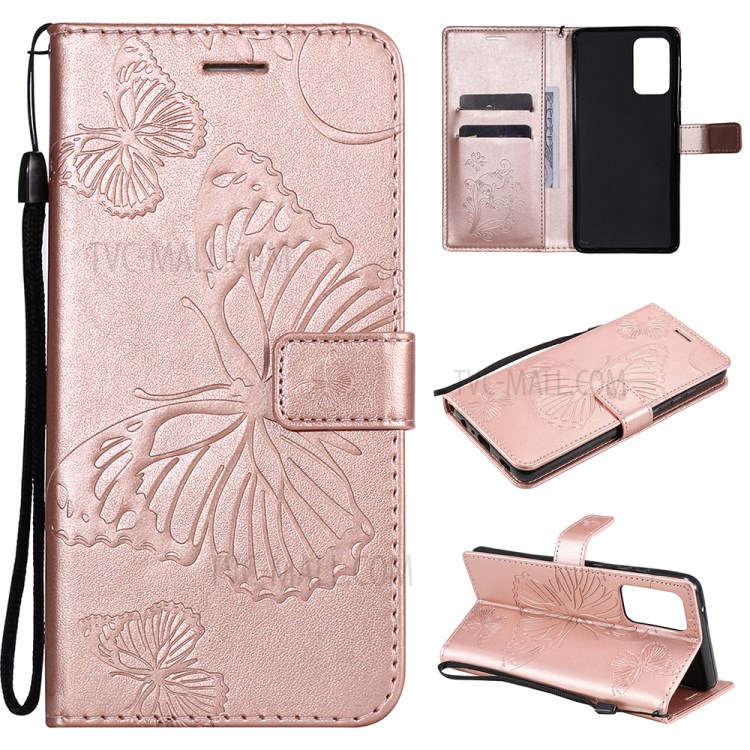 Imprinted Butterflies Flower Leather Wallet Stand Case for Samsung Galaxy A72 5G - Rose Gold-1
