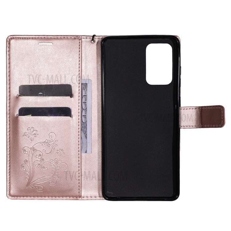 Imprinted Butterflies Flower Leather Wallet Stand Case for Samsung Galaxy A72 5G - Rose Gold-5