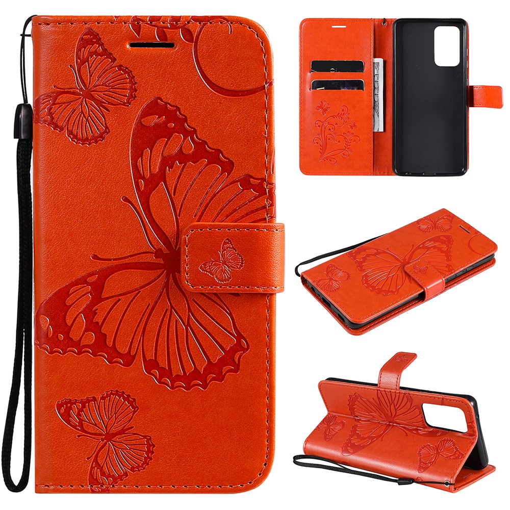 Imprinted Butterflies Flower Leather Wallet Stand Case for Samsung Galaxy A52 5G - Orange-1